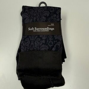 NWT Soft Surroundings Fur Lined Leggings Black Damask S/M Heavenly Soft